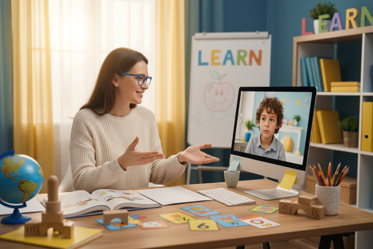 online tuition with a primary student, but make the woman teaching on the computer a white woman
